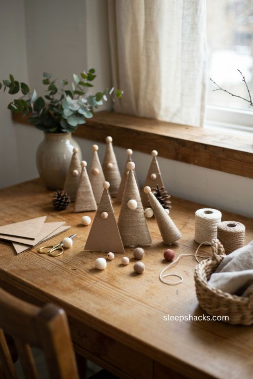 Cardboard and twine gnome Christmas ornaments with rustic farmhouse holiday decor