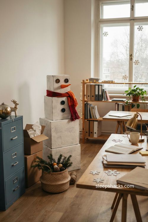 Cardboard snowman Christmas office decorating idea with handmade winter decor 