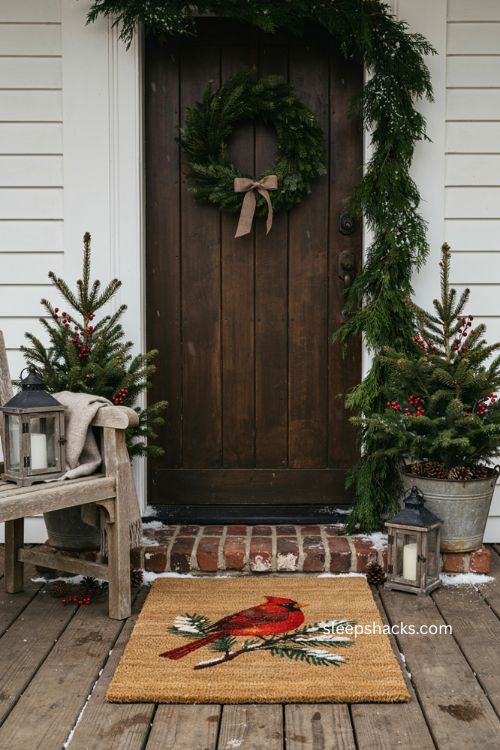 Cardinal winter bird Christmas doormat with evergreen branches and cozy seasonal porch decor 
