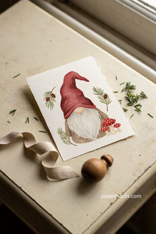Cartoon gnome Christmas card with red white mushrooms and pine sprigs 