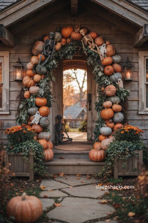 Cascading pumpkin archway with velvet skeletons ghost cutouts and autumn greenery Halloween porch decor