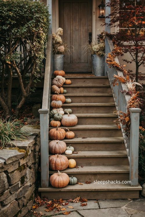 Cascading pumpkins on front steps with burnt orange floral garland