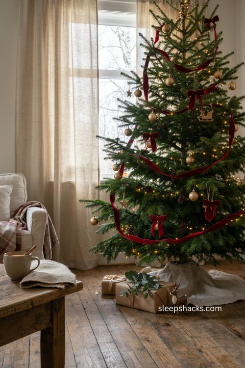Cascading red ribbon Christmas tree with simple bows