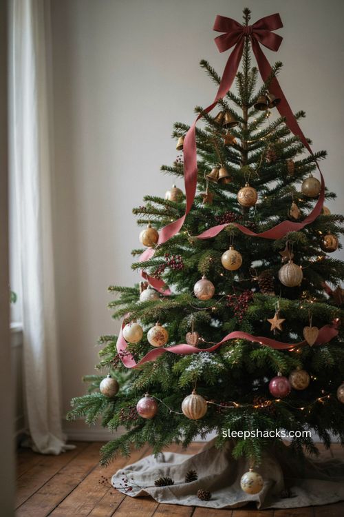 Cascading ribbon bow Christmas tree topper with flowing tails through the branches 