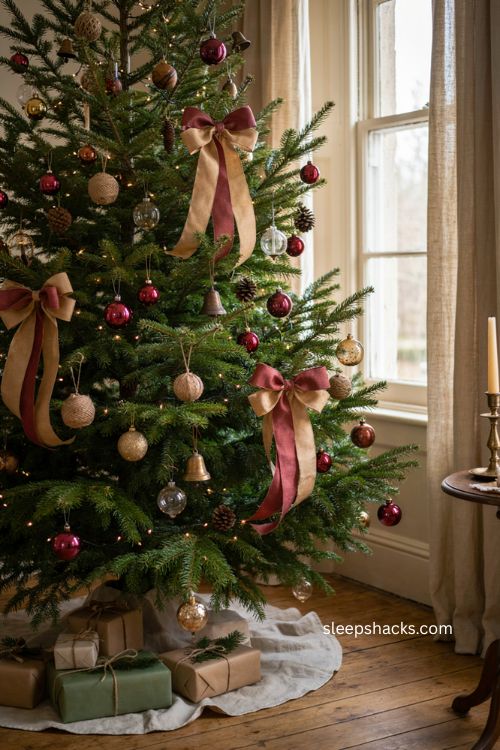 Cascading ribbon bows with long flowing tails on a cozy Christmas tree 