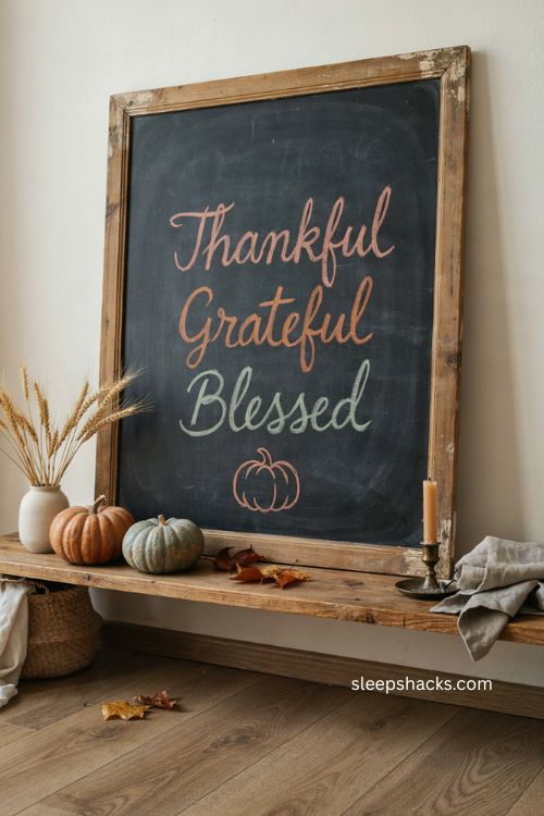 Cascading thankful grateful blessed Thanksgiving chalkboard with farmhouse entryway decor 