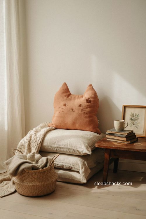 Cat face shaped Halloween pillow for cozy reading nook decor 