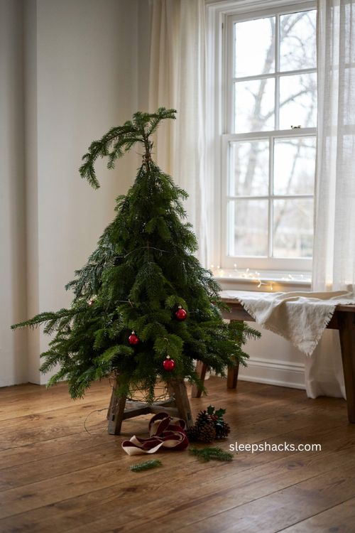 Cedar bough diy grinch christmas tree with bent evergreen branches and rustic frame