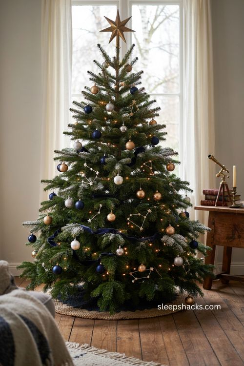 Celestial Christmas tree with constellation ornaments in navy gold and silver