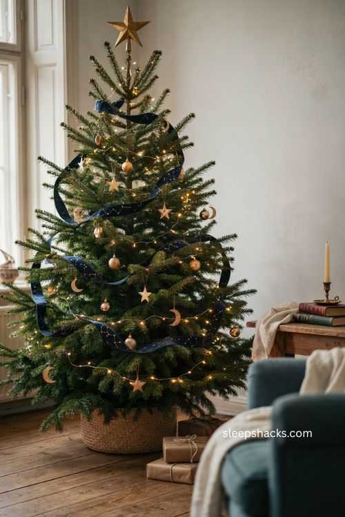 Celestial Christmas tree with constellation ribbon gold stars and moon ornaments
