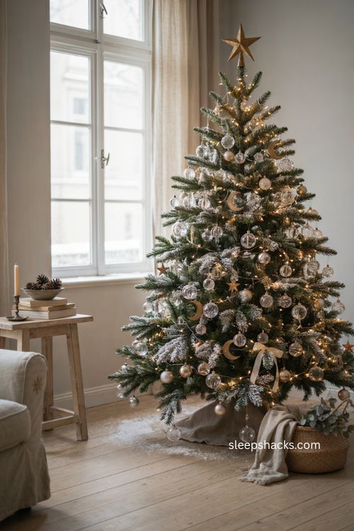 Celestial Christmas tree with crystal ornaments gold stars and crescent moons