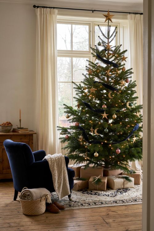 Celestial Christmas tree with gold stars crescent moons and navy velvet ribbon