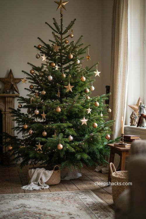 Celestial Christmas tree with hanging stars floating around the branches