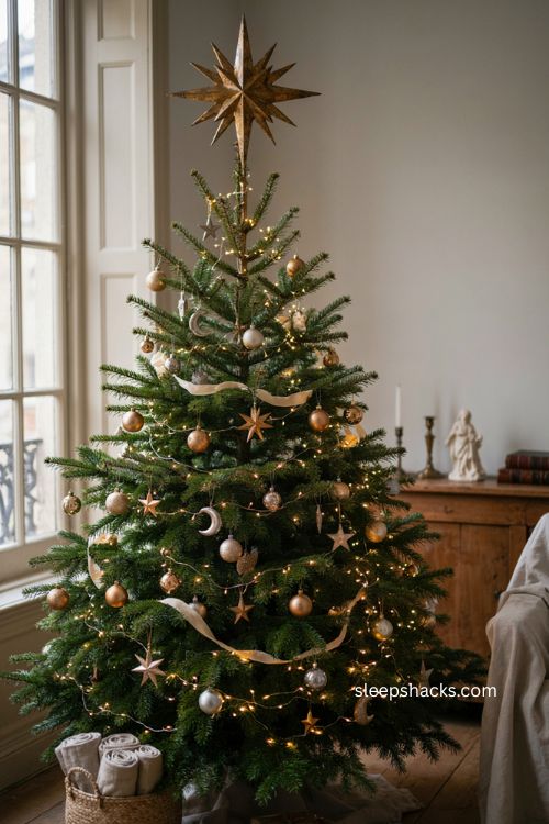 Celestial Christmas tree with oversized antique gold star topper and moon ornaments