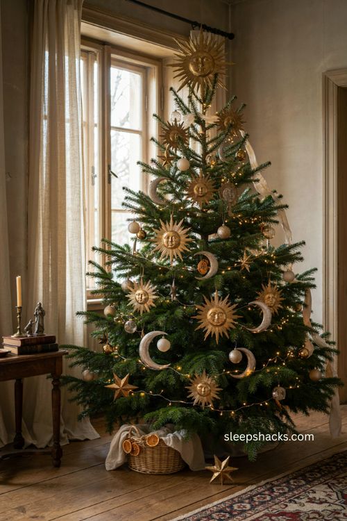 Celestial Christmas tree with vintage sun moon and star ornaments