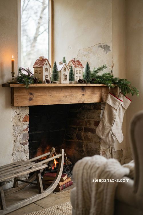Ceramic Christmas houses chimney decor with miniature trees