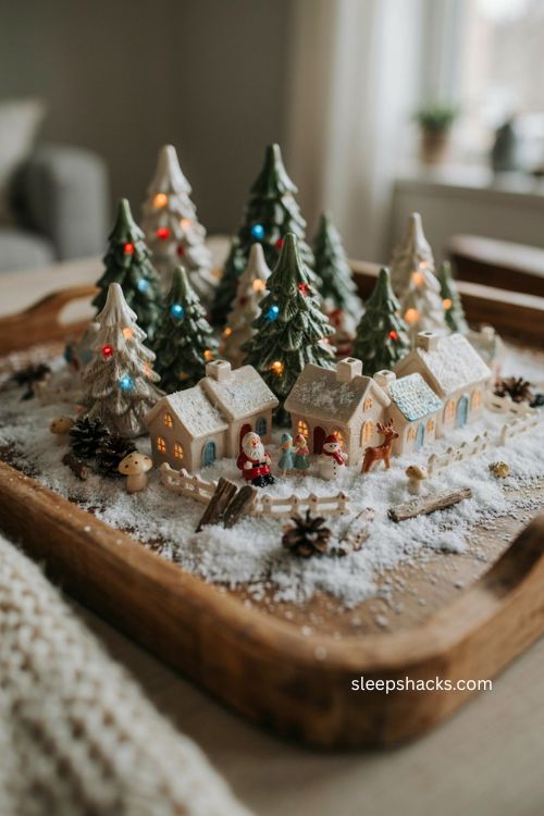 Ceramic christmas tree village with miniature houses faux snow and glowing lights