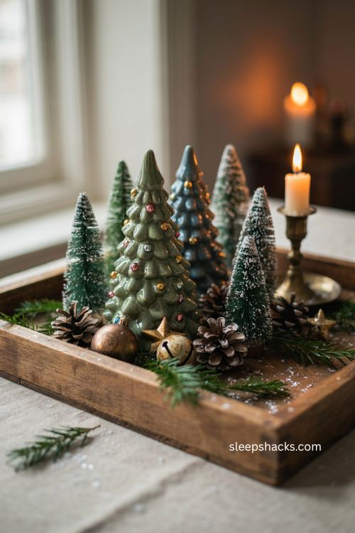 Ceramic christmas tree with bottle brush trees and faux snow vintage holiday tabletop