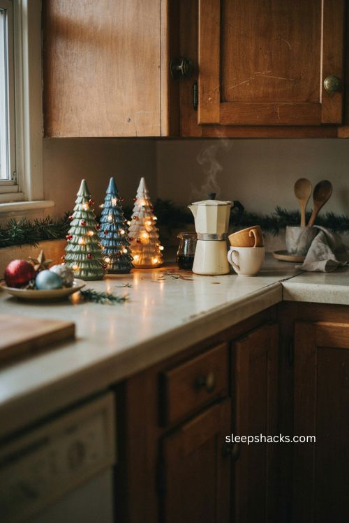 Ceramic christmas trees on a cozy kitchen counter beside a vintage coffee station