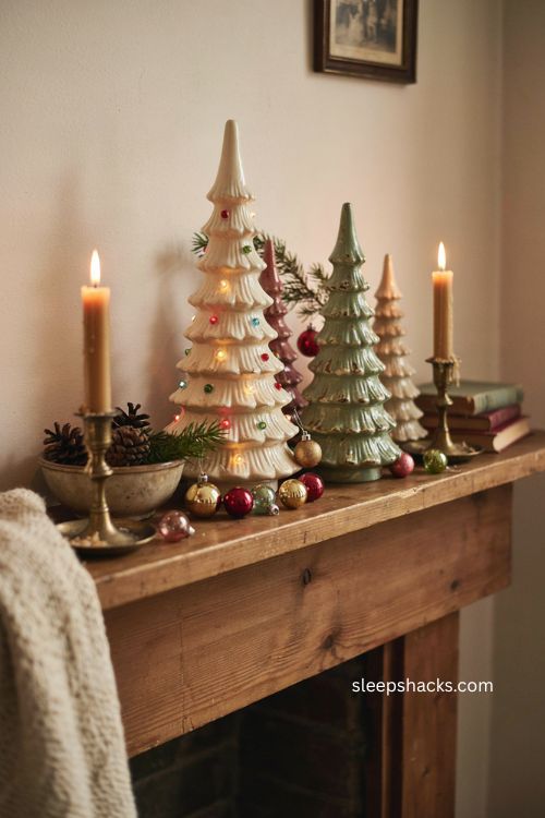 Ceramic christmas trees with vintage glowing lights on a cozy holiday mantel
