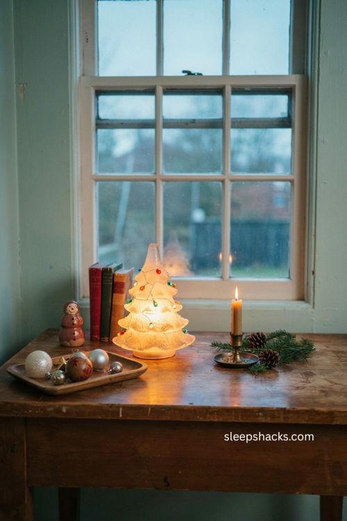 Ceramic light up Christmas tree on a nostalgic vintage entry table with cozy holiday decor 