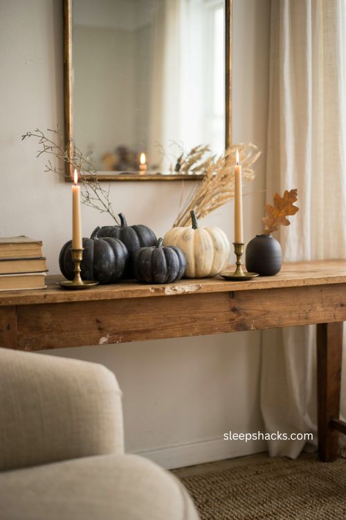 Chalk painted pumpkin mantle ideas in matte black gray and antique white 