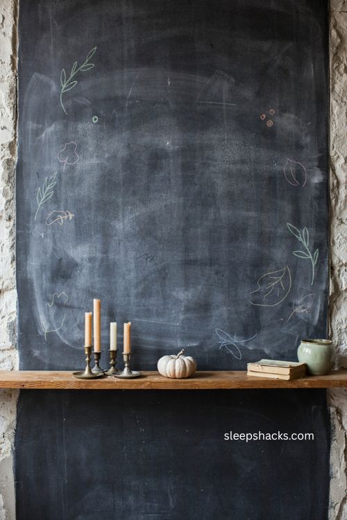 Chalkboard mantle backdrop with candles and a small pumpkin 