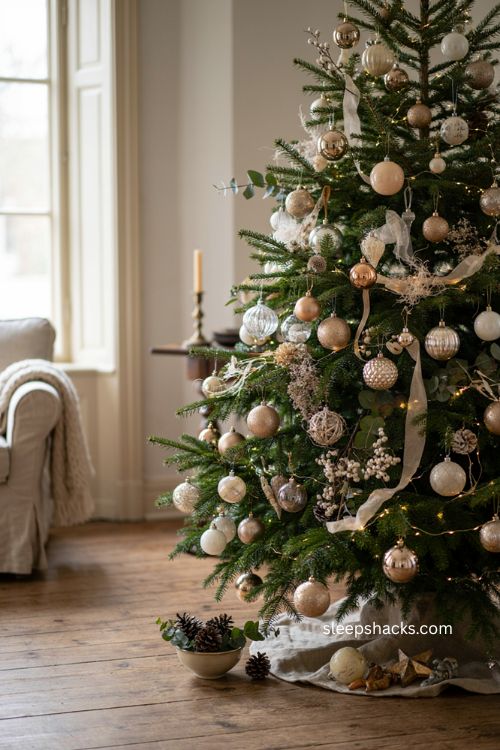 Champagne Christmas tree with natural greenery white berries and dried flowers 