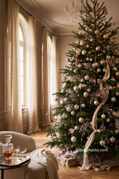 Champagne and silver Christmas tree with velvet silk ornaments and ribbon 