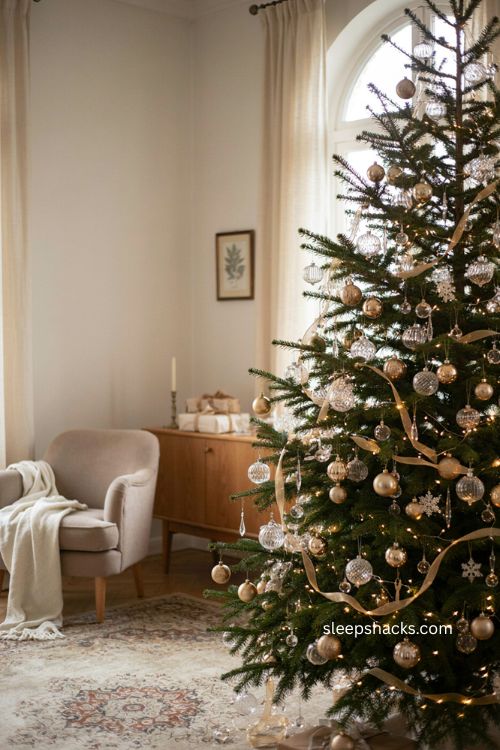 Champagne gold crystal christmas tree with clear ornaments warm white lights gold ribbon and cozy wood tones 