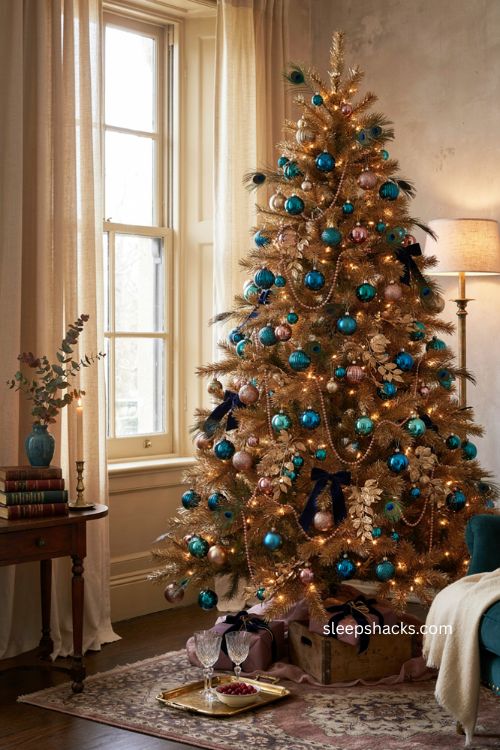 Champagne gold peacock Christmas tree with blue teal ornaments and warm white lights 