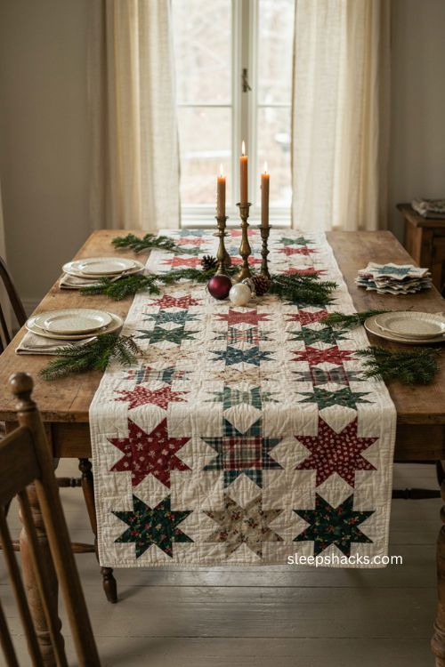 Charming star Christmas table runner pattern made from simple fabric squares
