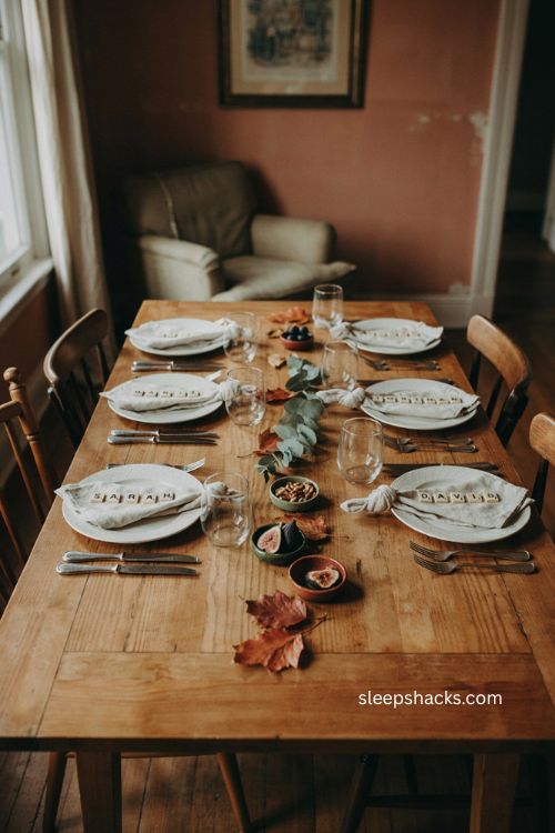 Cheap Thanksgiving table decor with Scrabble tile place cards and knotted napkins