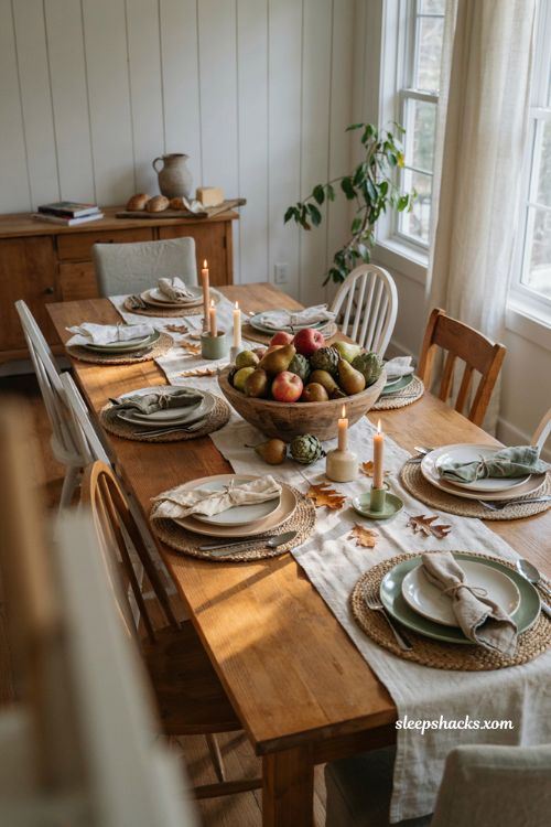 Cheap Thanksgiving table decor with pears apples and grocery store produce centerpiece 