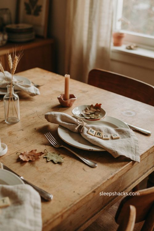 Cheap Thanksgiving table settings with Scrabble tile place cards and knotted linen napkins