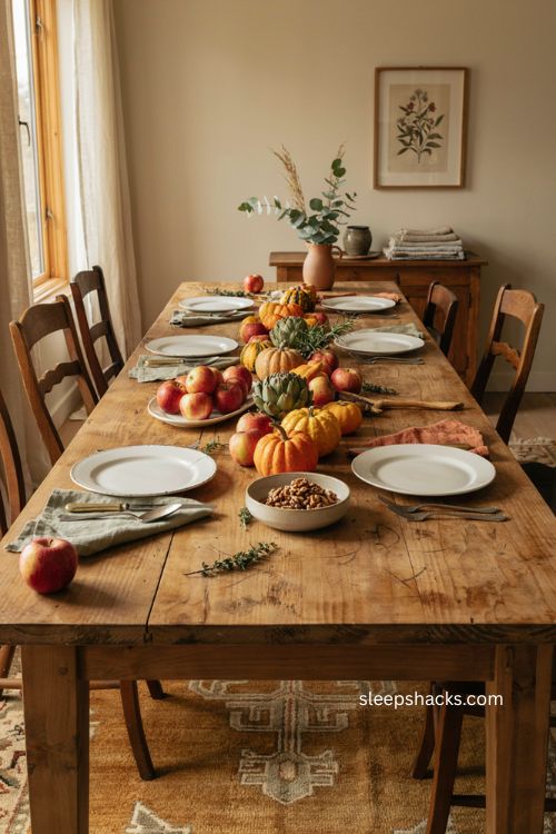 Cheap Thanksgiving table settings with edible fall vegetable centerpiece and apples