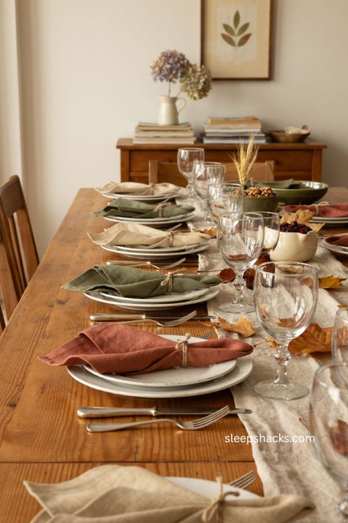 Cheap Thanksgiving table settings with folded autumn leaf napkins and twine