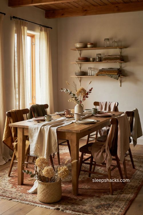 Cheap Thanksgiving table settings with layered linen wool and cotton chair decor