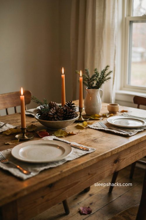 Cheap Thanksgiving table settings with pinecone centerpiece and natural fall greenery
