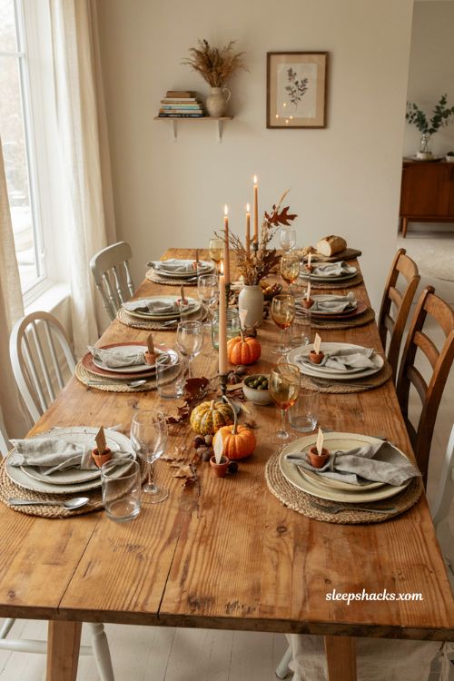 Cheap Thanksgiving table settings with thrifted dishes and natural fall decor