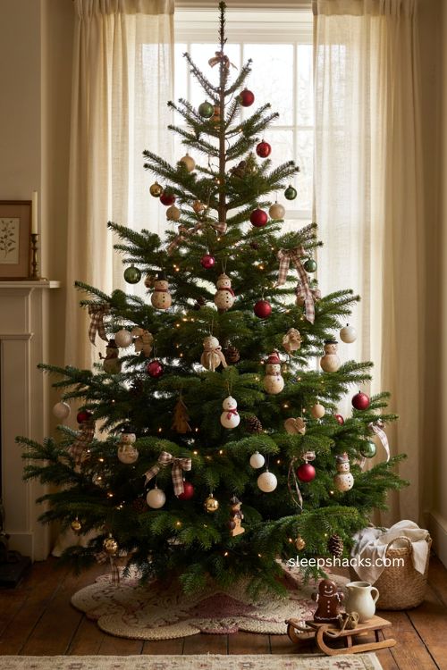 Cheerful vintage snowman Christmas ornaments with plaid ribbon and classic baubles 