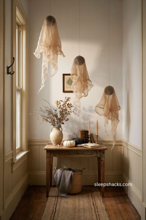 Cheesecloth spirits floating in a vintage Halloween entryway with ghost decor 