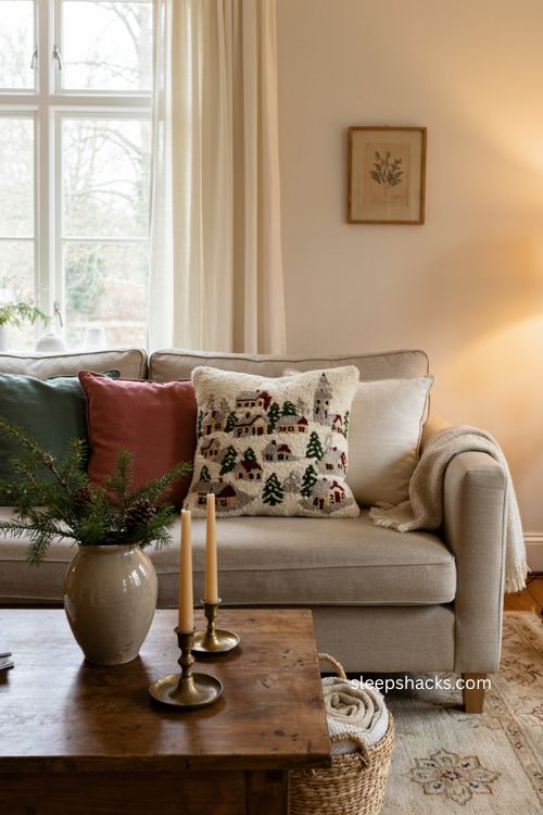 Chenille Christmas village pillow covers cozy traditional sofa decor