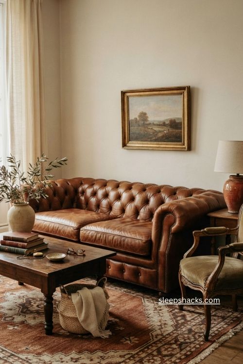 Chesterfield sofa with tufted leather and vintage character in a cozy living room 