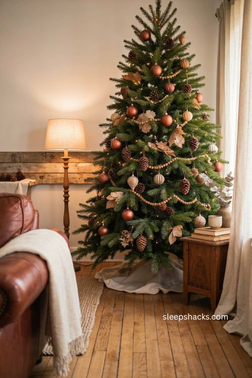 Chestnut and pinecone bauble fall Christmas tree with rustic woodland decor