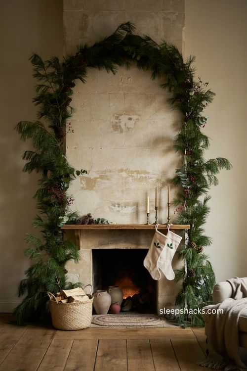 Chimney Christmas decor framed with evergreen greenery around the fireplace