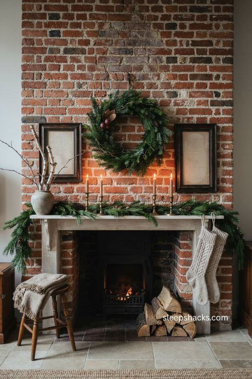 Chimney Christmas decor with evergreen wreath and cozy farmhouse mantel