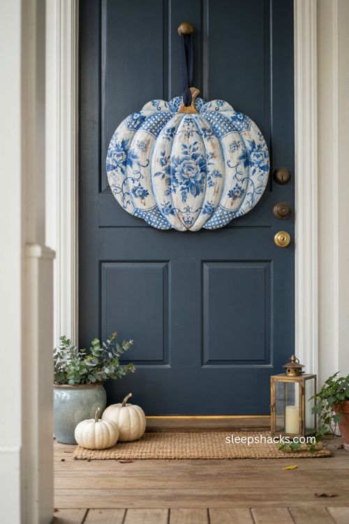 Chinoiserie pumpkin door hanger with blue and white pattern and elegant Thanksgiving porch decor 