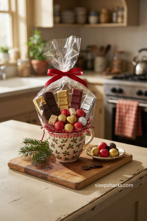 Chocolate lovers Christmas mug gift with chocolate bars candy and red shredded paper 