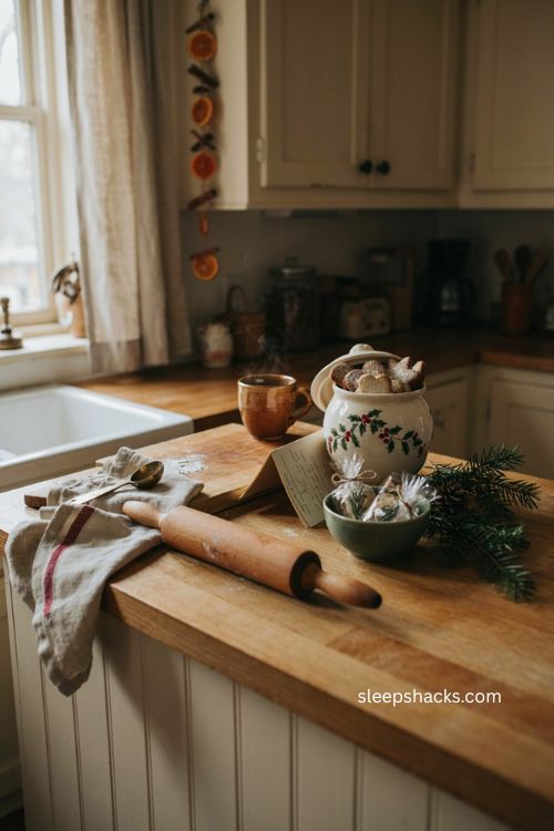 Christmas baking display with rolling pin cookie jar and wrapped treats 